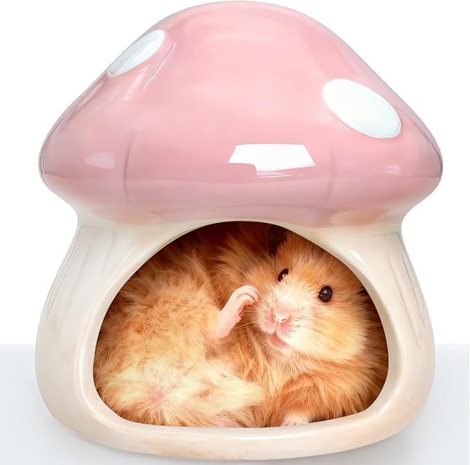 BNOSDM Ceramic Hamster Hideout Cute Mushroom Shape Hamster House and Habitat Cool Hamsters Hide Suitable for Syrian, Mice, Dwarf Hamsters, Gerbils (Pink)