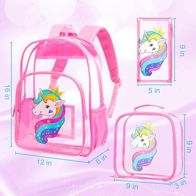AGSDON 3PCS Clear Backpack for Girls, Kids Unicorn Transparent Bookbag Heavy Duty, Cute See Through Backpacks with Lunch Bag - Pink