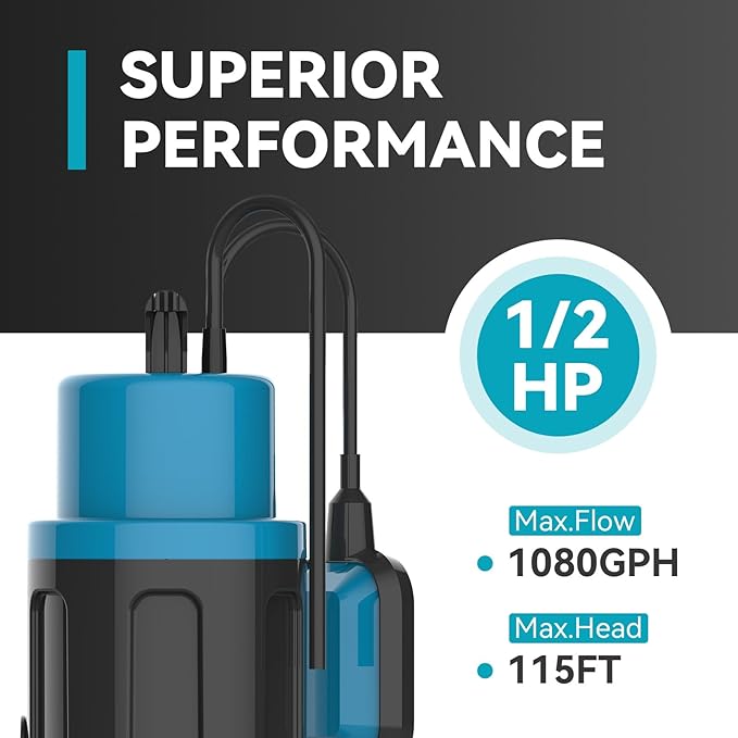 1/2HP Sump Pump Submersible 1080GPH Submersible Water Pump with Float Switch, Utility Pumps for Pool Draining, Basement Flooding, Tankless Heater Flushing Pump with 20ft Power Cord