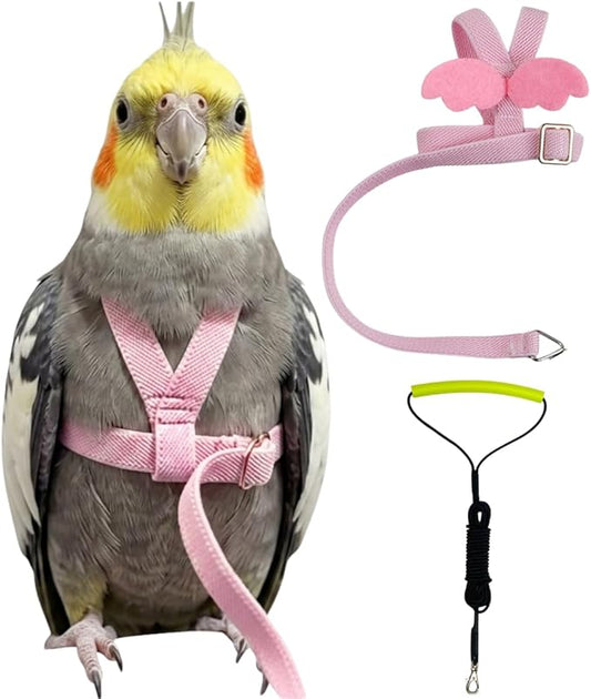 Adjustable Bird Harness with Elastic Leash, Pet Parrot Harness and Leash, Adjustable Training Design Anti-Bite, Bird Nylon Rope with Cute Wing for Conure (Pink,2M)