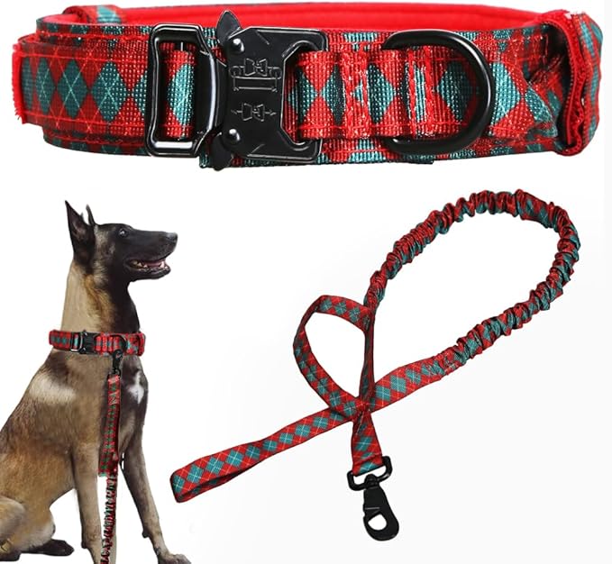Christmas Tactical Dog Collar and Leash Set Adjustable Nylon Collar Dog Training Collar Leash Set with Control Handleand （Christmas Green M