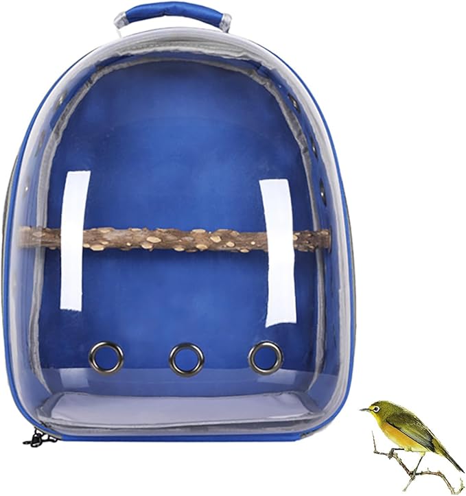 Bird Carrier Backpack with Wood Perch, Transparent Bird Travel Cage, Portable Pet Carrier Backpack, Breathable Hangbag for Vet Transport Camping Hiking (Blue)