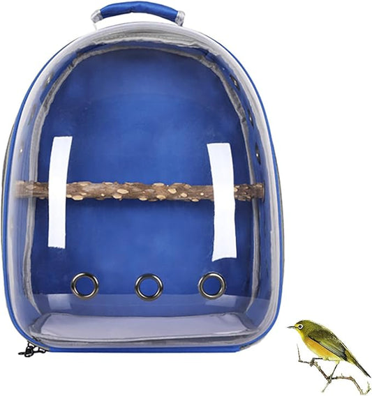 Bird Carrier Backpack with Wood Perch, Transparent Bird Travel Cage, Portable Pet Carrier Backpack, Breathable Hangbag for Vet Transport Camping Hiking (Blue)