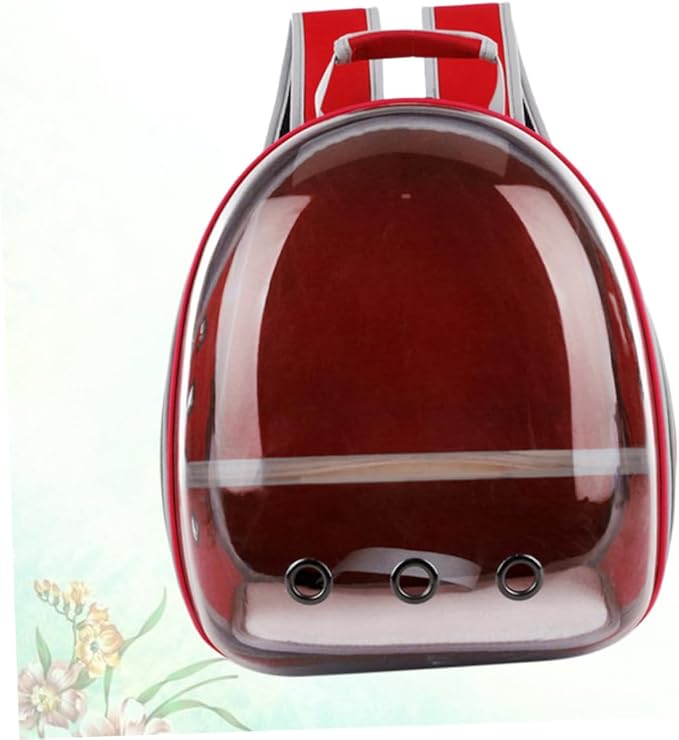 Portable Pet Backpack for Birds Breathable Capsule Carrier Ventilation and Inner Wooden Bar for Outdoor Travel Red Transparent Parrot Bag