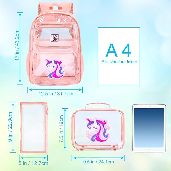 3PCS Clear Backpack for Girls, Kids Unicorn Transparent Backpack with Heavy Duty PVC, See Through Backpacks with Lunch Bag-Pink