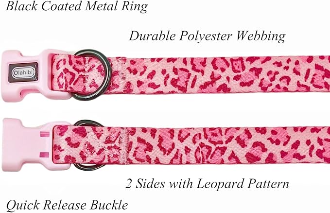 Dog Collar Leash Set, Leopard Pattern, Polyester Material, Adjustable Collar and 5ft Matching Leash, for Small Dogs.(S, Pink Leopard)