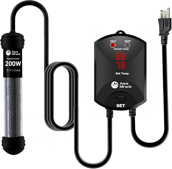AquaMiracle Upgraded 200W Aquarium Heater Fish Tank Heater Turtle Heater Super Compact Aquarium Heater, Dry-Run/Overheating Protection and Memory Function, Dual LED Display, for 20-40 Gal Tanks