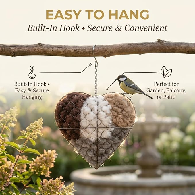Handmade Fiber Bird Nesting Heart,Birds Nests Material Holder,Refillable Bird Haven Heart-Shaped Hummingbird Nest with Nesting Material,Winter Tree Shelter for Wild Bird,Gift for Hummingbird Lover,1PC