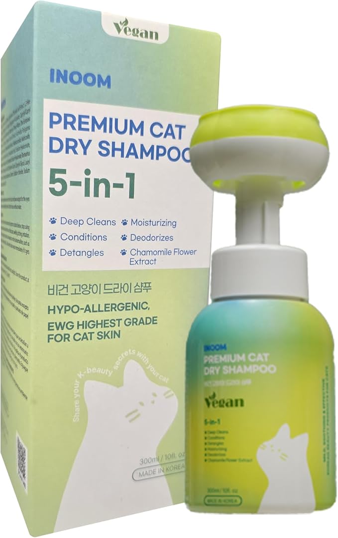 Korean Vegan Cat Dry Shampoo 300ml – Waterless Natural Foam Cleanser for a Kitten to Adult Cats,Soothing Damaged Skin, Removing Odors & Dander Reducing – Gentle & Waterless – Made in Korea