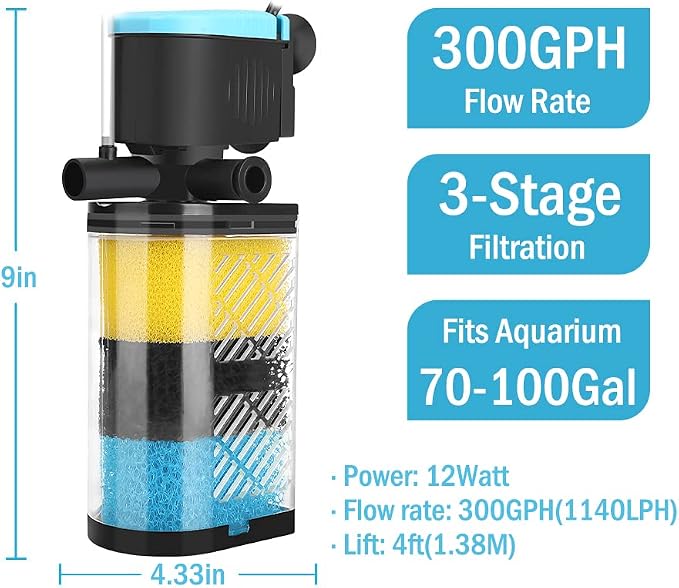 Kulife 3-Stage Aquarium Filter - Internal Filter for 70-100 Gallon Fish & Turtle Tanks with Dual Water Outlet & Aeration