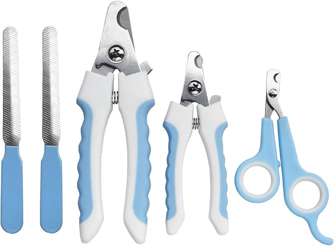 5Pcs Dogs and Cats Grooming Nail Clippers Kit Pet Claws Nail Clipper Trimmers, with Protective Guard Lock to Avoid Over Cutting, Professional Trimmers for Large and Small Cat and Dog (Blue)