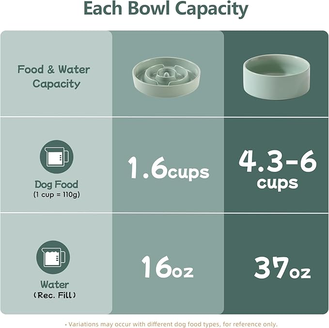 Havniva Ceramic Raised Slow Feeder Dog Bowl Set, Elevated 7.3inch Bowl and 8.2inch Puzzle Slow Dish with Wooden Stand for Medium and Large Dog, Anti-Gulping (2X Light Green+ Stand)