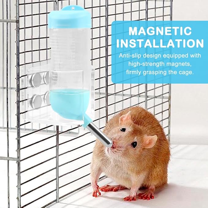 Hamster Water Bottle with Magnetic Holder, Secure & No Drip, Adjustable Height, Fits Glass/Acrylic/Metal Wire Cages, for Hamster, Guinea Pig, Hedgehogs and Other Small Pets(Clear)