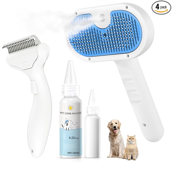Pet Steam Brush for Dog & Cat - 3-in-1 Steam Grooming Slicker Brush & Undercoat Rake for Shedding - Self Cleaning Spray Comb with Mist for Long & Short Haired Pets - Includes Waterless Shampoo, Blue