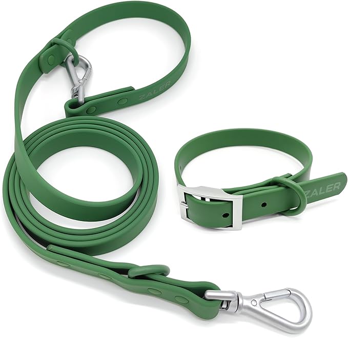ZALER Dog Collar and Leash Set, Waterproof Adjustable Odor Proof Pet Collars Leashes Easy to Clean, 6FT Dog Leash with 2 Hooks for Large, Medium Small Dogs (XL, Green)
