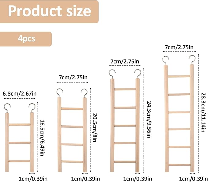 EupHHonycs 4PCS Wooden Ladders for Bird Cages 4 Sizes Wooden Ladder Birds Toys Parrot Step Ladders Cage Hanging Bird Climbing Toys for Parakeets, Parrots, Cockatoo and Lovebirds
