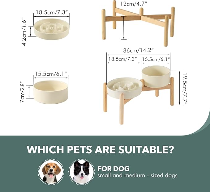Havniva Ceramic 1.2 Cup Raised Slow Feeder Dog Bowl Set, Elevated 6.1inch Bowl and 7.3inch Puzzle Slow Food Dish with Wooden Stand for Medium and Small Dog, Anti-Gulping (2 xLight Yellow+ Stand)