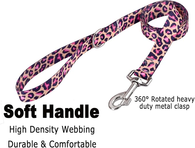 Mihqy Dog Collar and Leash Set with Bohemia Floral Tribal Geometric Patterns - Soft Ethnic Style Collar Adjustable for Small Medium Large Dogs(Pink Leopard Set,M)