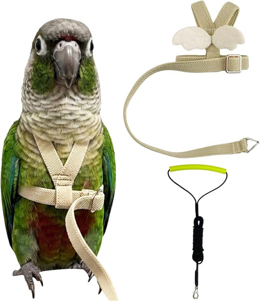 Adjustable Bird Harness with Elastic Leash, Pet Parrot Harness and Leash, Adjustable Training Design Anti-Bite, Bird Nylon Rope with Cute Wing for Conure (Beige,M)