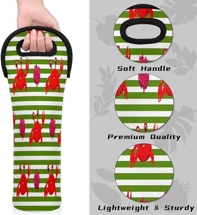 Red Crabs Stripes Wine Bag Single Bottle Wine Tote Bag Neoprene Wine Carrier Bags with Carry Handle Portable Wine Bottle Holder for Travel Party Picnic