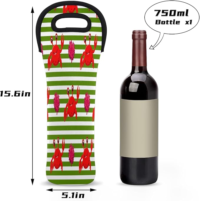 Red Crabs Stripes Wine Bag Single Bottle Wine Tote Bag Neoprene Wine Carrier Bags with Carry Handle Portable Wine Bottle Holder for Travel Party Picnic