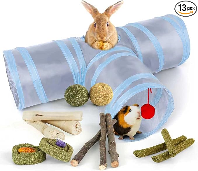 Bunny Tunnels & Tubes Collapsible 3 Way Rabbit Hideout with 13pcs Toys for Bunny Guinea Pig Hamster Chinchilla Hedgehog Rat Ferret Kitten (GY&BU)