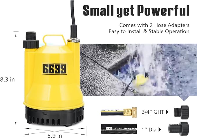 1/6HP Portable Utility Pump Submersible Small Backup Sump Pump Draining Tool to Remove Water from Flooding House Basement Pool Tankless Heater Flushing Pump with 10-Foot Cord SUB 1100