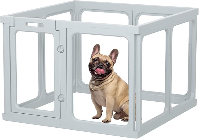 Clear Acrylic Dog Playpen - 33.4 x 33.4 Inch, 24" H 8 Planes Transparent Dog Fence Indoor, Sturdy Pet Pen for Puppy/Small Dog/Rabbit/Pig, Easy Assemble & Cleaning Plastic Whelping Box Enclosure, Grey