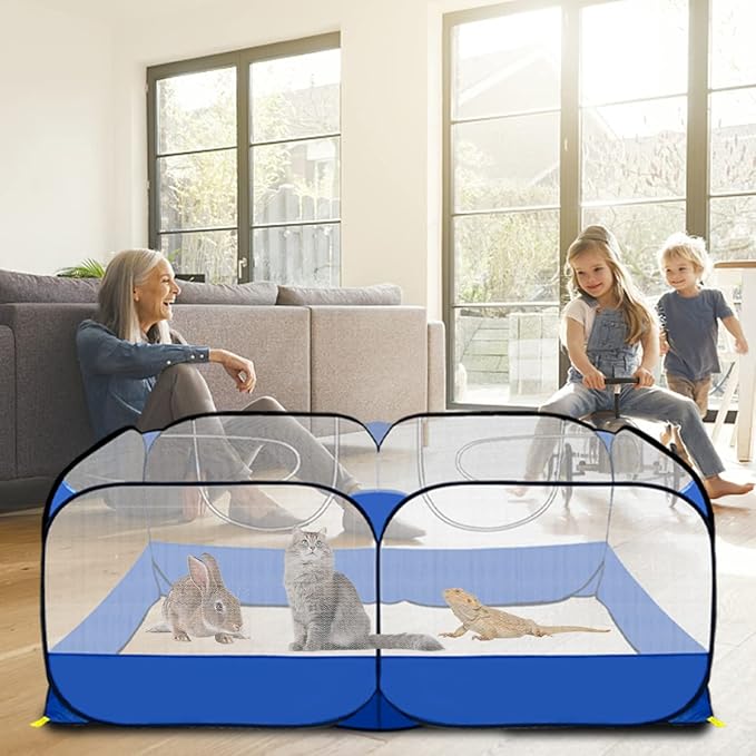 Small Animals Playpen,Reptiles Cage,Chicken Run Coop Chicken Playpen Breathable Transparent Pet Playpen Pop Open Outdoor/Indoor Exercise Fence,Portable Yard Fence (Blue)