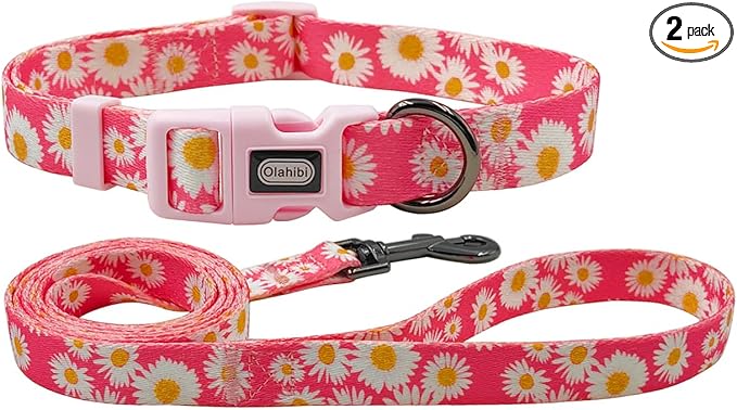 Dog Collar and Leash Set, Cute Pink Daisy Pattern, Polyester Material, 5ft Leash, for Small Dogs.(Small, Pink Daisy)