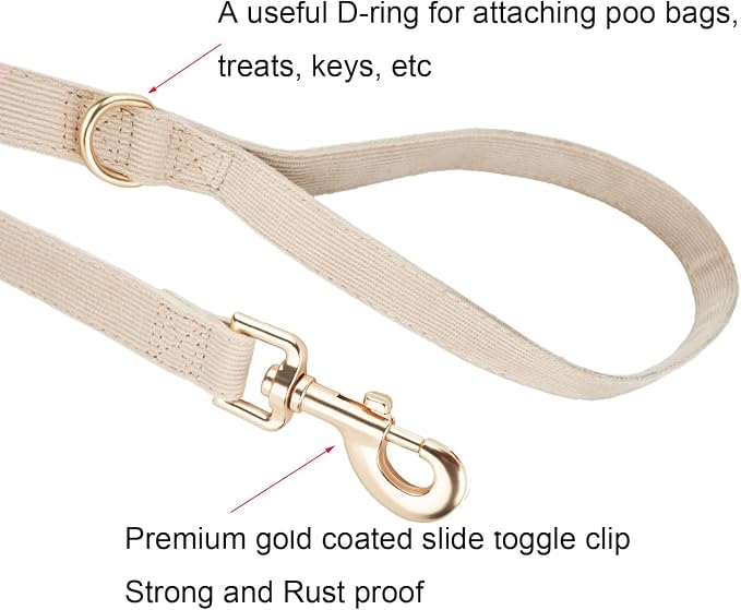 Soft Corduroy Dog Collar and Leash Set Adjustable Durable Wedding Dog Collars with Metal Buckle and Lead for Medium Dogs,Beige