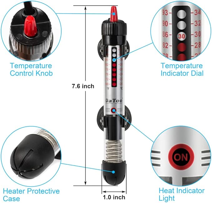 DaToo 50 Watt Aquarium Heater Submersible Adjustable Temperature Fish Tank Heater 50W