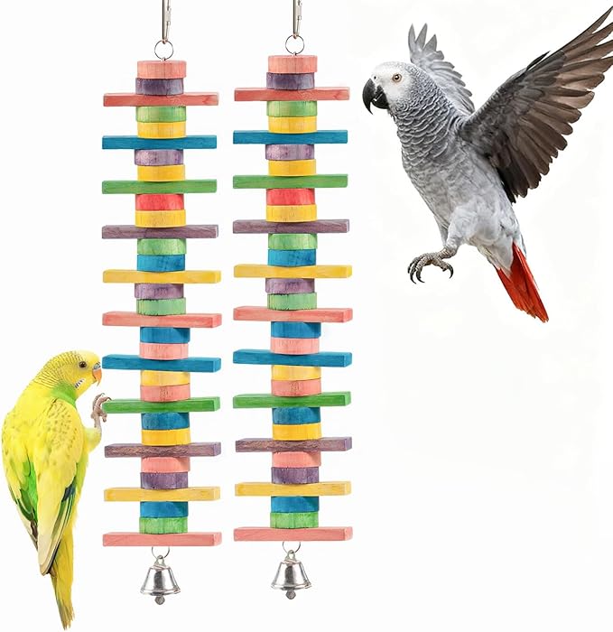 2 PCS 14.37" Multicolored Bird Toys - Stress Relief Chew Parrot Toys, Natural Wooden Blocks, Hanging Bird Cage Accessories, for Parakeets, Cockatiels, Conures, Budgies, Lovebirds