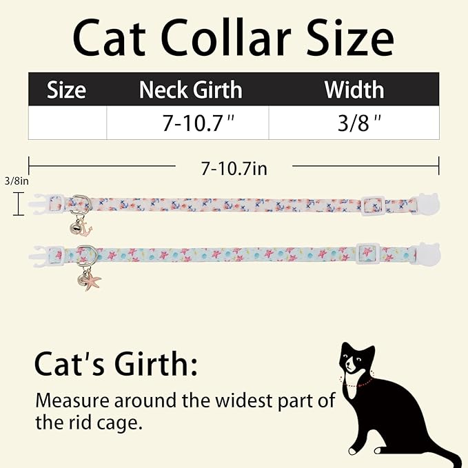 Cat Collars for Girl Cats & Boys, 2 Pack Soft Cotton Breakaway Collar with Removable Bell and Cute Charms, Adjustable Safety Pet Necklace, Ocean