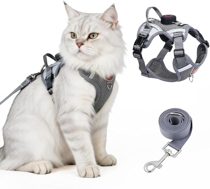 Cat Harness and Leash Set with Holder Compatible with AirTag, Upgraded Escape Proof Kitten Harness with Lead for Large Adult Cats, Soft Mesh Jacket Vest for Walking, Reflective & Adjustable, Grey, M