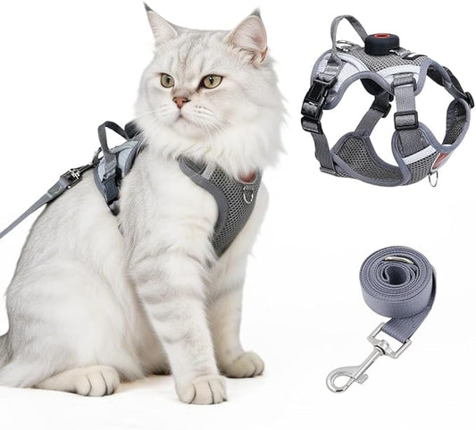 Cat Harness and Leash Set with Holder Compatible with AirTag, Upgraded Escape Proof Adjustable Vest Lead for Large Cat Small Dog Walking, Soft Breathable Mesh Jacket with Reflective Strips, Grey, L