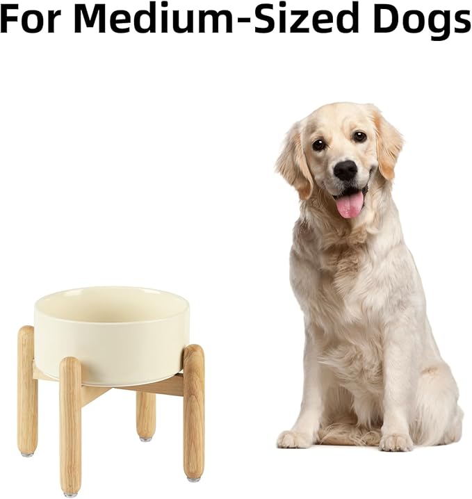 Havniva Ceramic 7.3inch Raised Dog Bowl Set, Elevated with Wooden Stand, Food and Water Bowl for Medium Breed Dogs, Weighted Dog Dishes, Pet Feeder(Light Yellow)