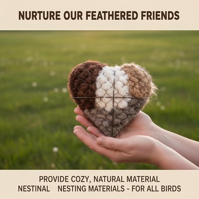 Handmade Fiber Bird Nesting Heart, Refillable Birds Haven 1 Heart Shape Hummingbird Nesting and 2 Bags of Nest Materials, Winter Fowl Gifts Animal Hummingbirds Lovers Home Garden Yard(1Set)