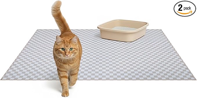 Lovewag Pets Cat Litter Box Mats 2 Pack - Large 36x48 Inch Machine Washable, Easy Clean,Non-Slip,Waterproof Mats for Indoor Cats-Kitty Litter Mess Control & Pet Urine Floor Protection (Taupe Checkers)