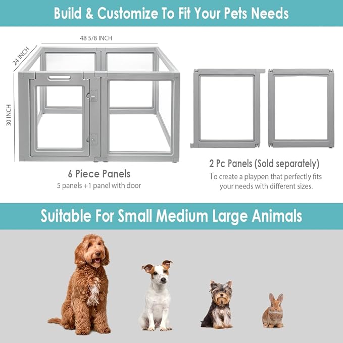 Front Row Clear Plastic Dog Playpen - 6-Panel, 30-inch Height, Durable Indoor/Outdoor Pet Fence, Easy Assembly, Foldable, Small to Medium Dogs and Puppies (Ash Gray, 30", 6)
