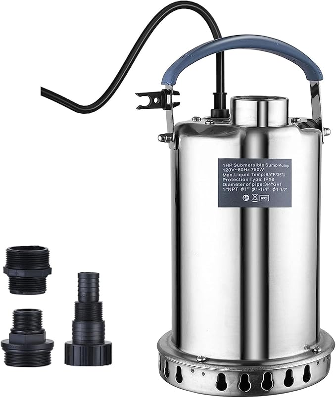 Submersible Sump Pump Stainless Steel Water Pump 1HP 3700GPH | Swimming Pool Tub Basement Garden Ponds Draining Water Transfer Water Electric Portable Utility Pump Low Water Level