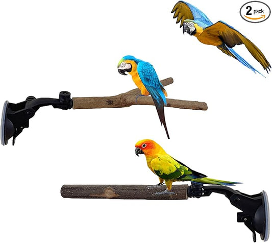 2 PCS Natural Wood Bird Perch with Suction Cup Parrot Shower and Window Perch Stand Bird Portable Suction Cup Shower Perch for Parrot Parakeet Cockatiel Conure Budgie Lovebirds