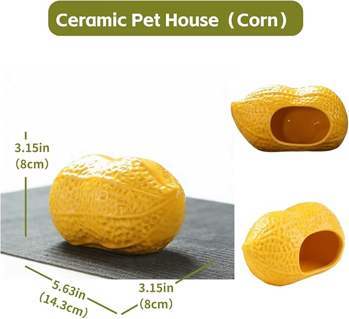 Ceramic Hamster Bed Cute Cooling Hideout for Small Pet Multi-Size Habitat Decor Cage Accessories for Gerbil Axolotl (Yellow-Corn)