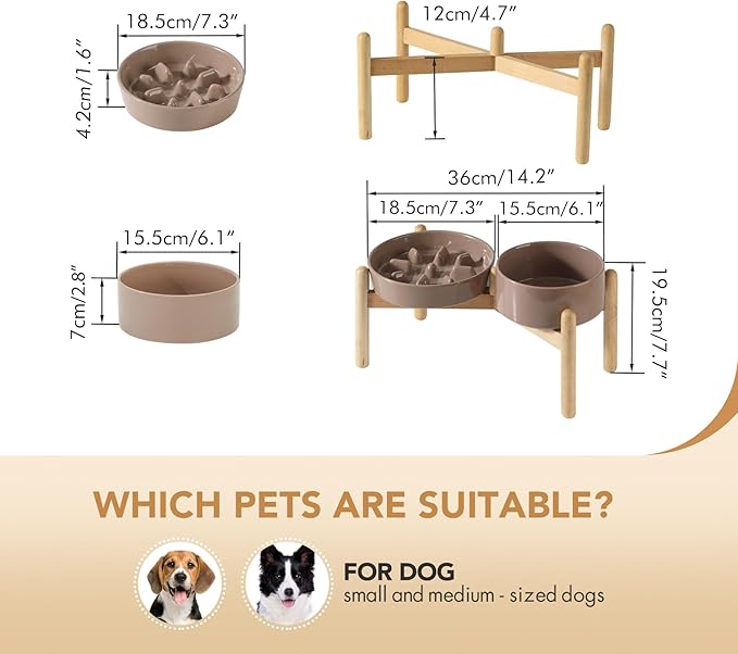 Havniva Ceramic 1.2 Cup Raised Slow Feeder Dog Bowl Set, Elevated 6.1inch Bowl and 7.3inch Slow Pet Food Dish with Wooden Stand for Small and Medium Dog (2 x Brown Coffee+ Stand)