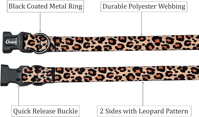 Dog Collar Leash Set, Leopard Pattern, Polyester Material, Adjustable Collar and 5ft Matching Leash, for Medium Dogs.(M, Yellow Leopard)