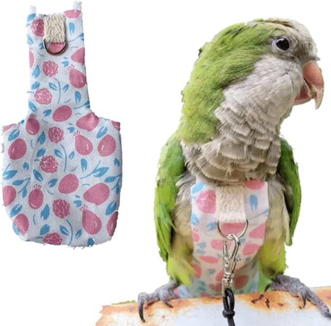 Bird Diaper Harness Flight Suit Clothes, Parrot Flight Suit with Leash, Bird Flying Clothes with Rope and Handle for Outdoor Activities Training (Pink Without Leash,Small)