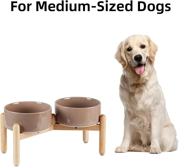 Havniva Ceramic 7.3inch Raised Double Bowls Set with Wooden Stand, Food & Water Bowls for Medium Breed Dogs, Weighted Dog Dishes, Pet Feeder(Brown Coffee)
