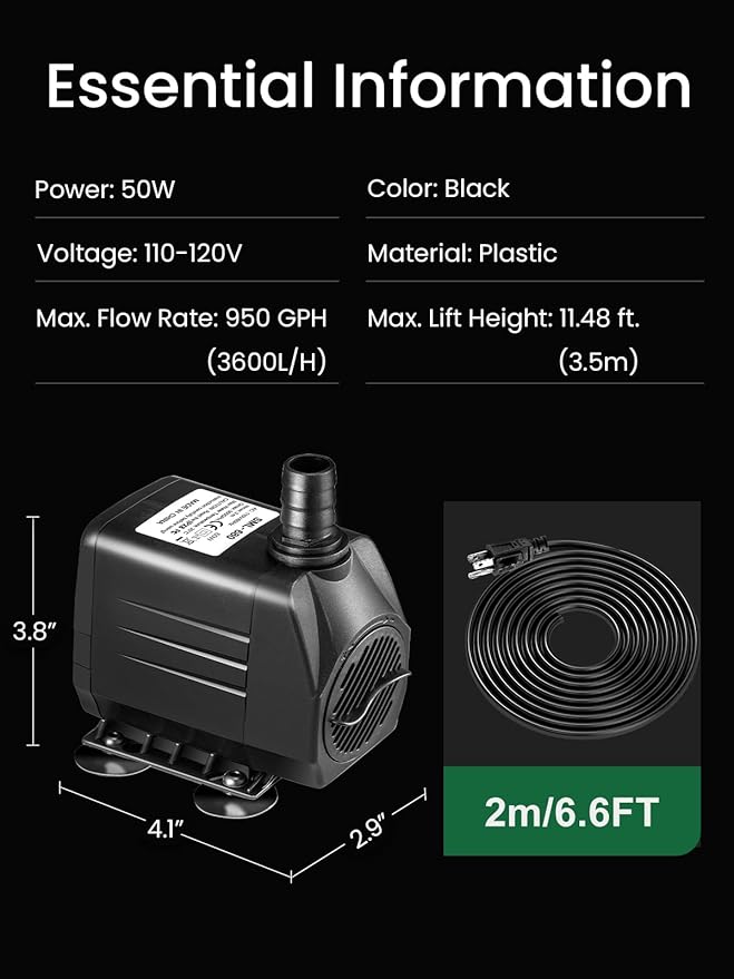 GROWNEER 950GPH Submersible Pump 50W Ultra Quiet Fountain Water Pump 3600L/H, with 9.8ft High Lift, 4 Nozzles for Aquarium, Fish Tank, Pond, Hydroponics, Statuary, Garden, Black (950GPH)