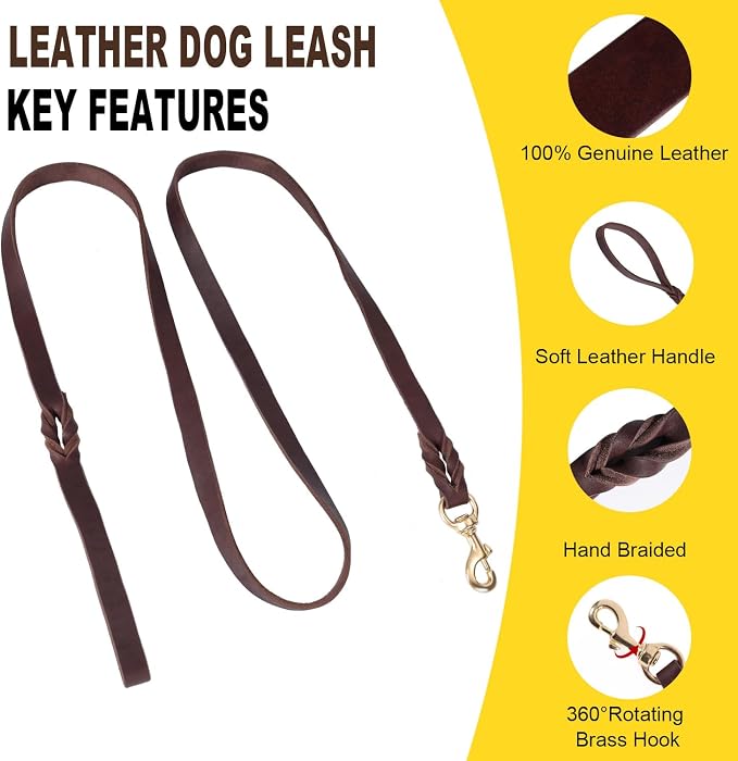 LWBMG 5FT Leather Dog Collar and Leash Set, Heavy Duty Dog Leash and Collar with Metal Buckle,Adjustable Pet Lead and Collar Set, Soft Pet Leash and Collar for Small Medium Dogs Brown