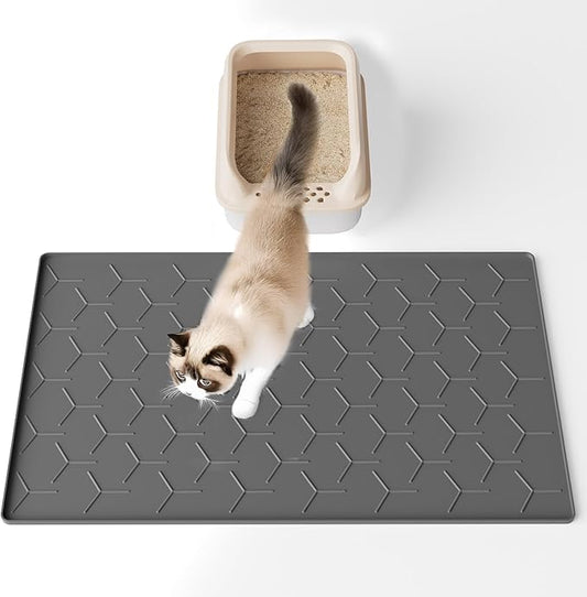 Bulkniu Silicone Cat Litter Mat with Raised Edges, Waterproof/Urineproof, Litter-Collecting Interior Ridges, Soft & Pet-Friendly (24"x16"-Dark Grey)